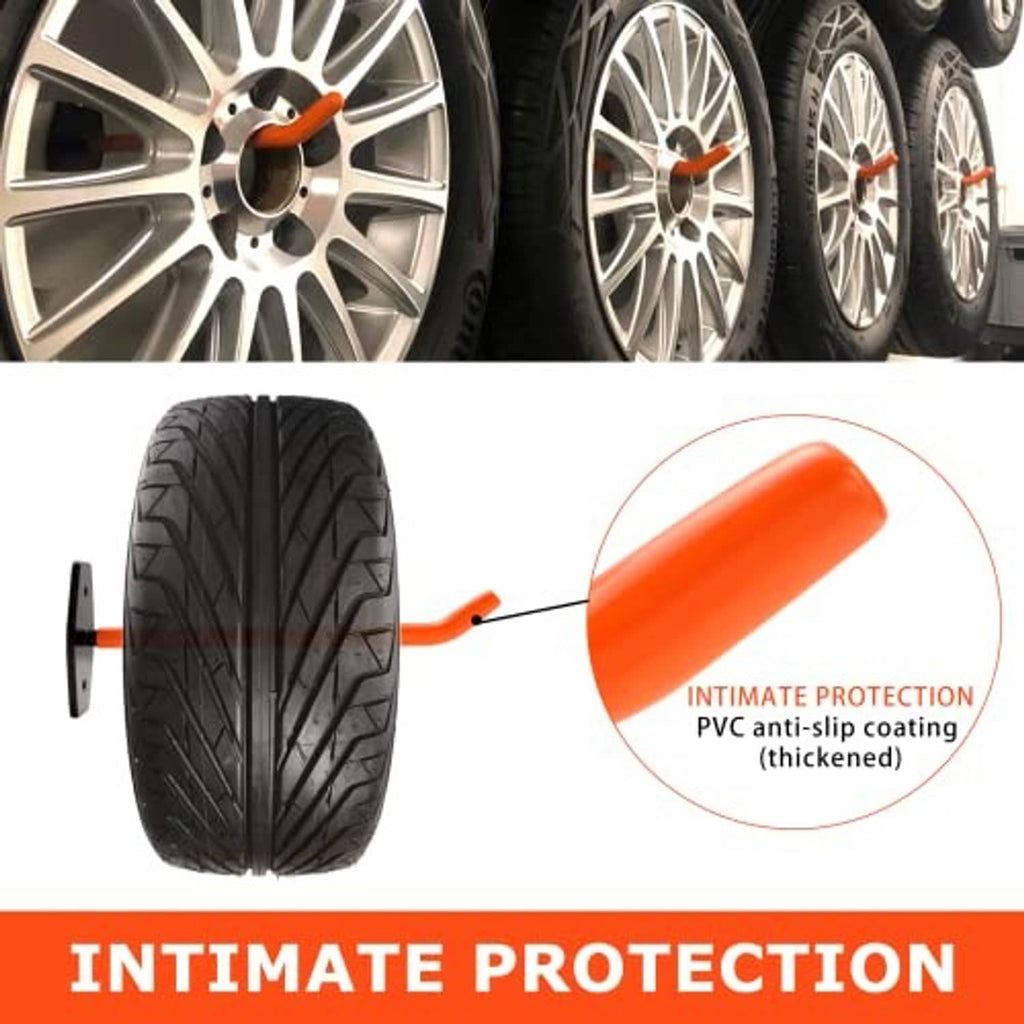 Orange anti-slip PVC-coated hook arm with black wall bracket for tire protection