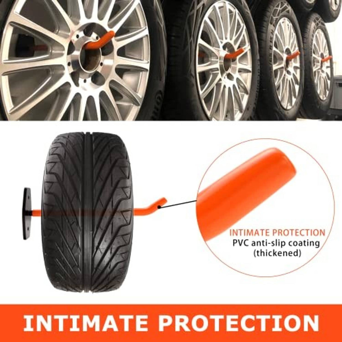 Orange anti-slip PVC-coated hook arm with black wall bracket for tire protection