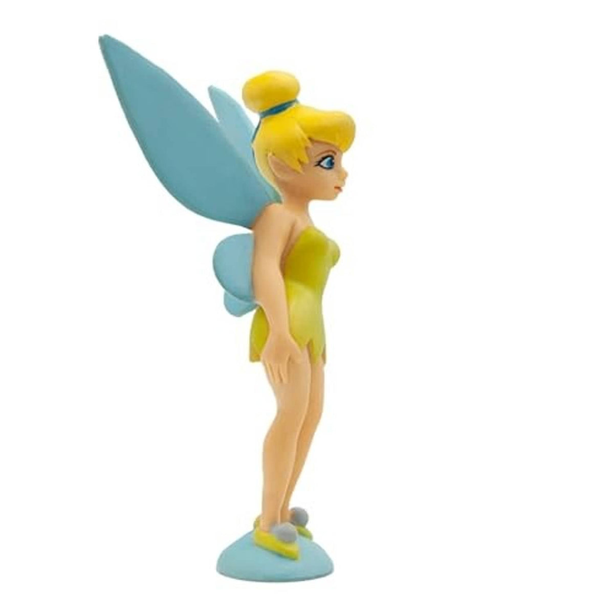 Yellow fairy toy figure with teal wings, side profile, standing on blue base