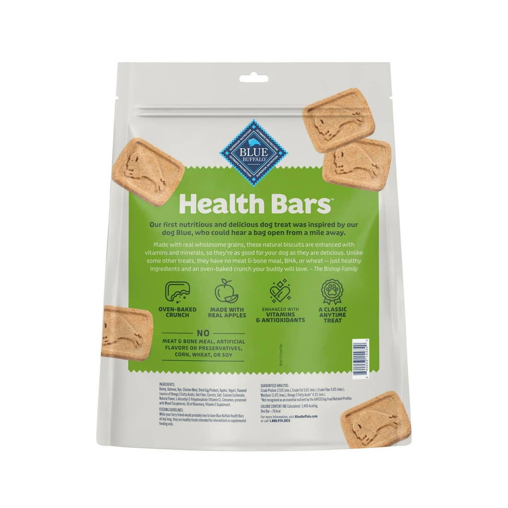 Blue Buffalo Health Bars dog biscuit pouch back view with printed details and biscuit pieces