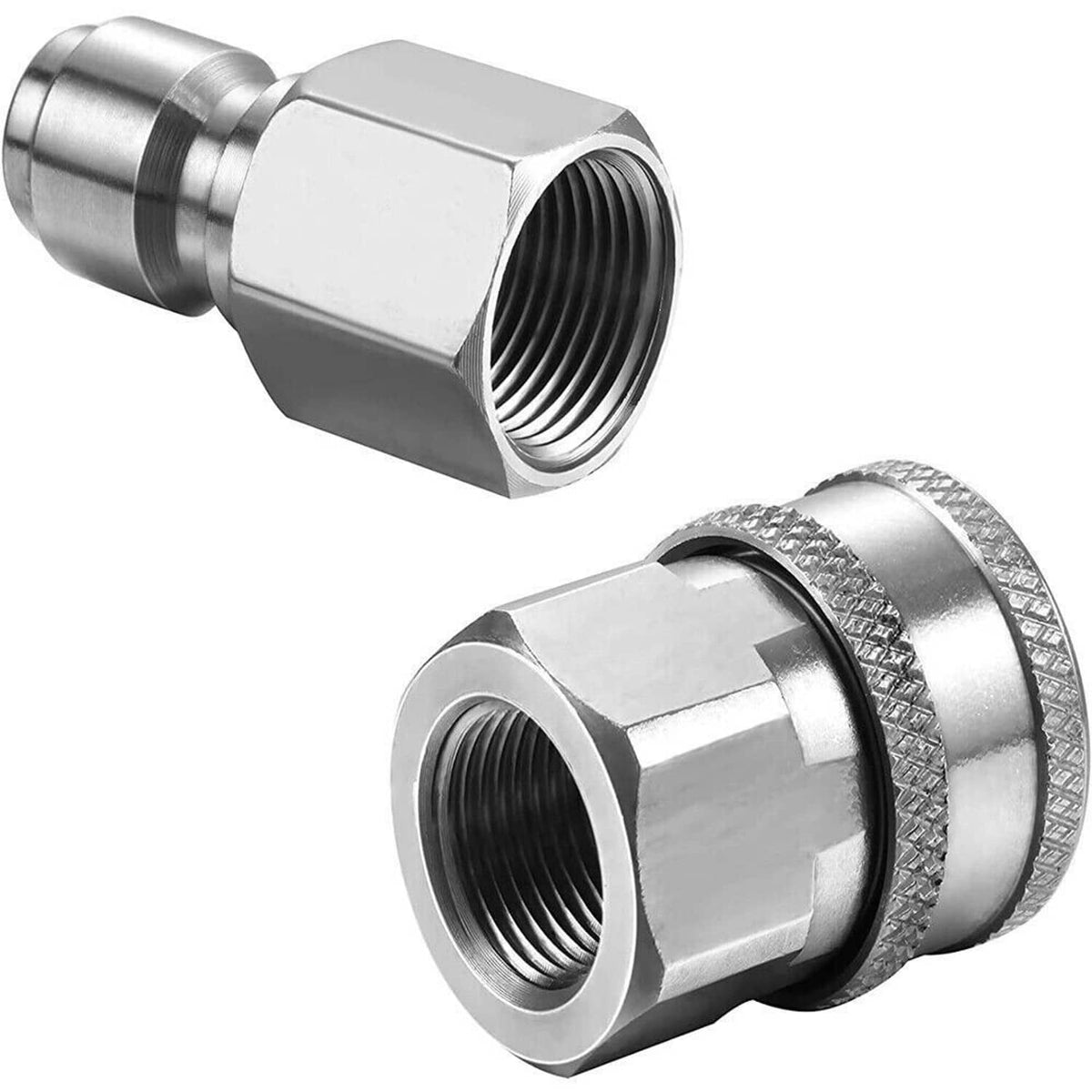 Stainless steel NPT quick connector with visible threads on male and female sides
