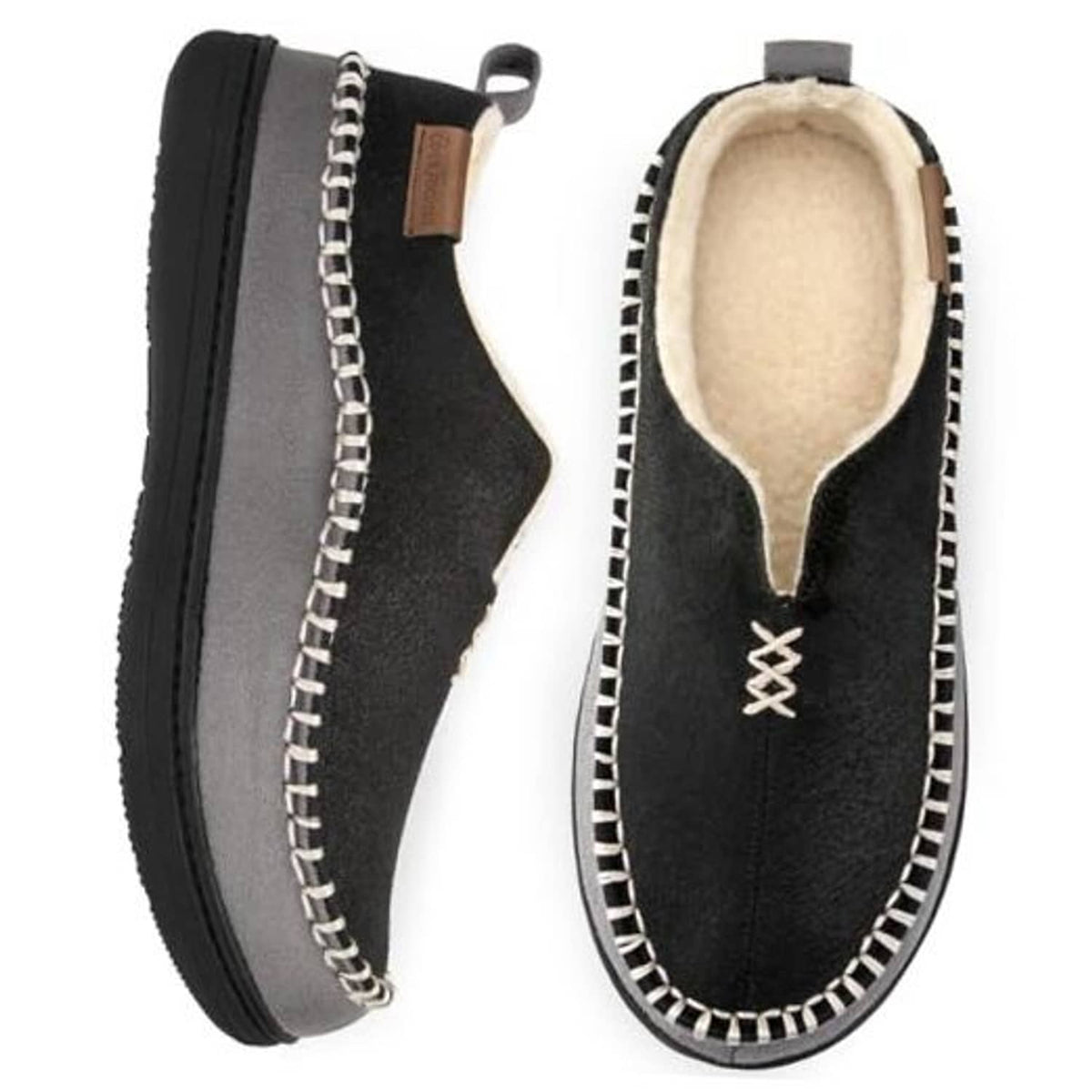 Men's black moccasin slippers with plush lining and chain-stitch trim