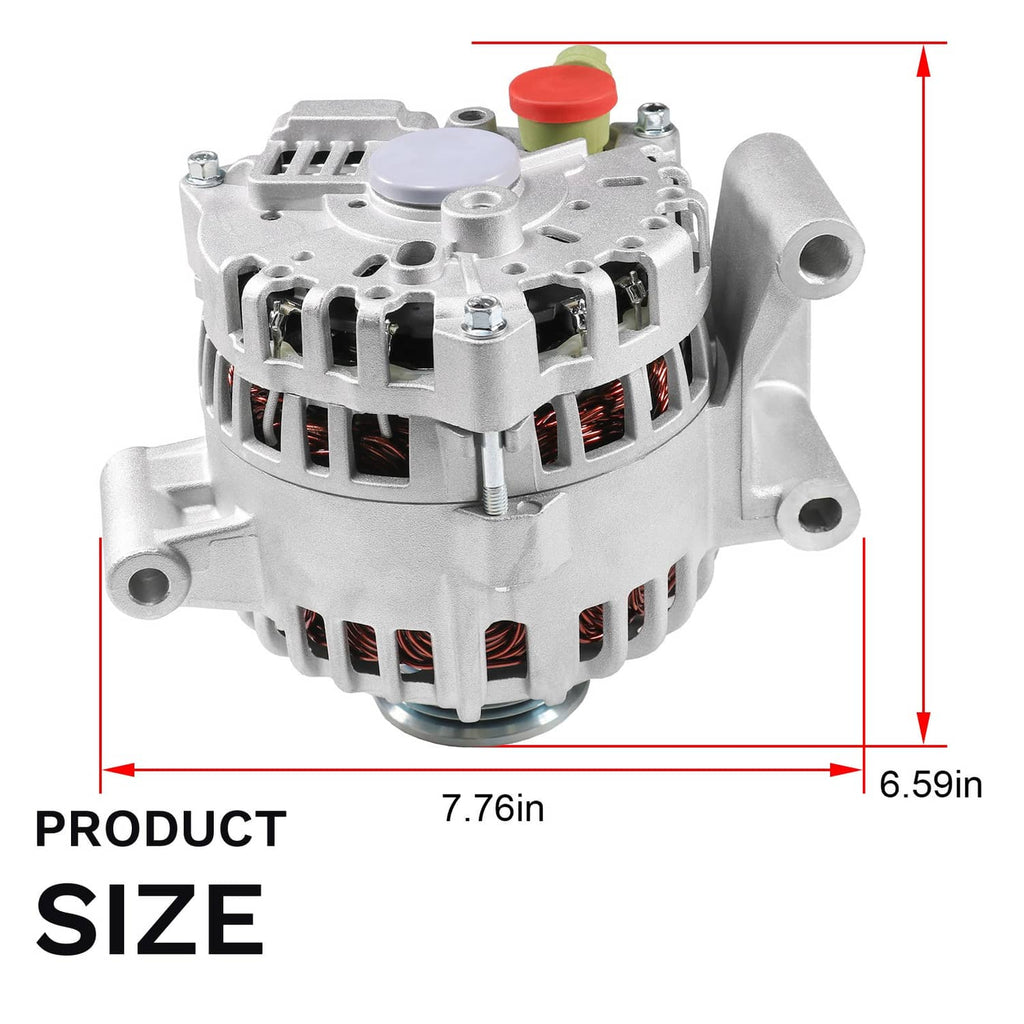 Compact alternator with vented grille, silver housing, red cap and green connector