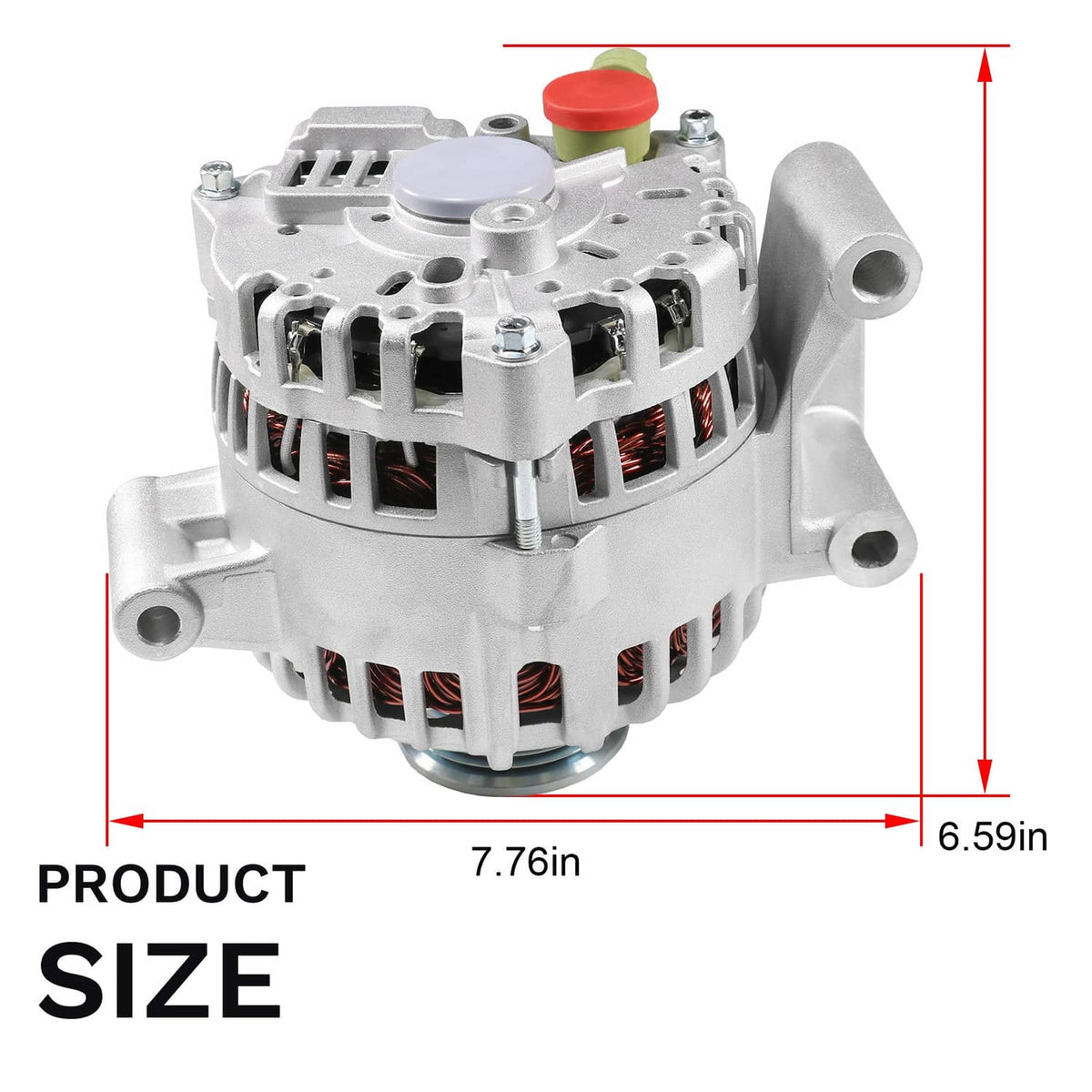 Compact alternator with vented grille, silver housing, red cap and green connector