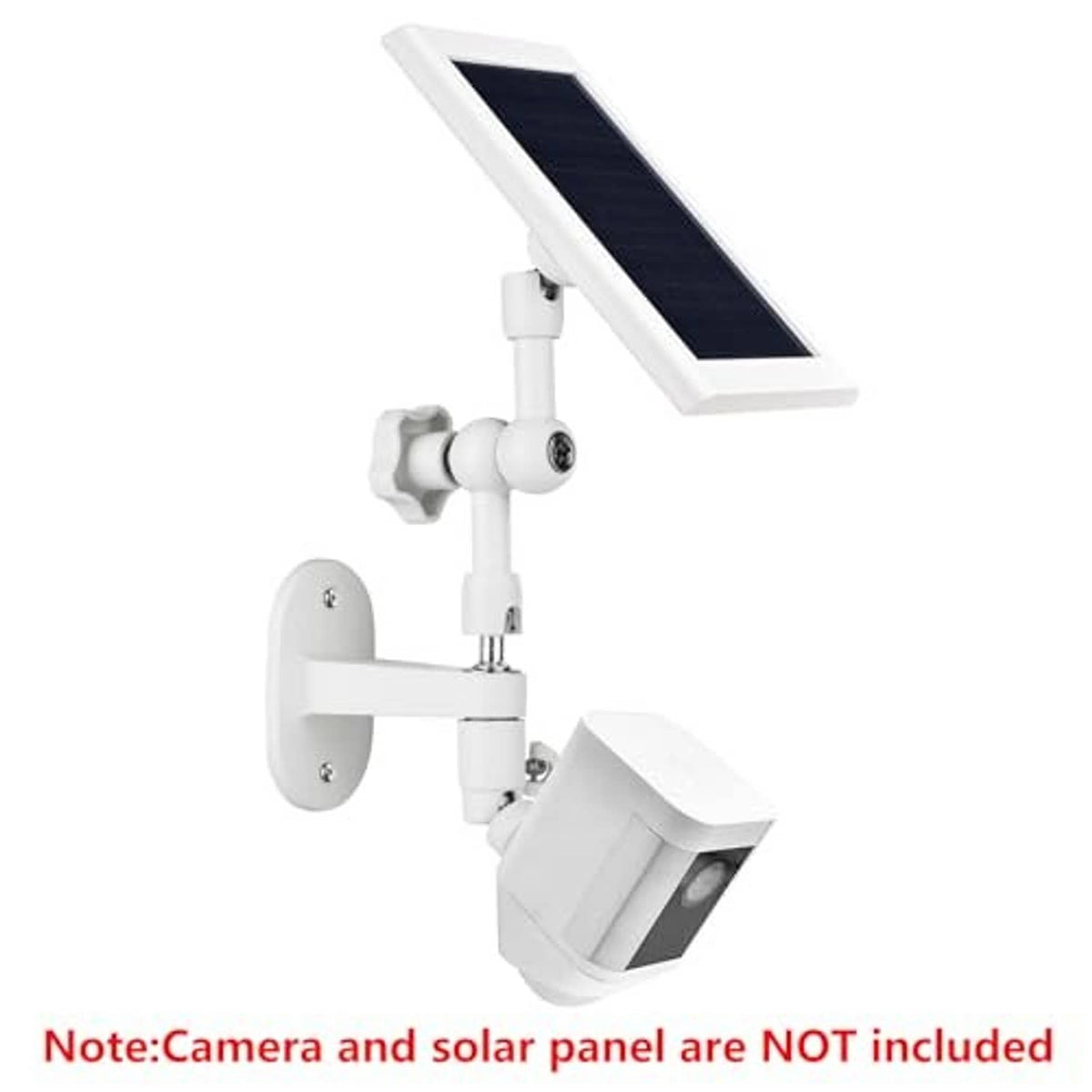 White wall mount kit with long solar panel arm and spotlight camera holder