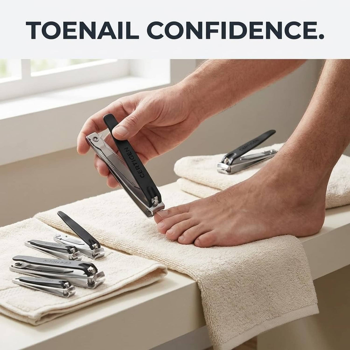 Toenail clipper in hand with black handle and silver cutting jaw