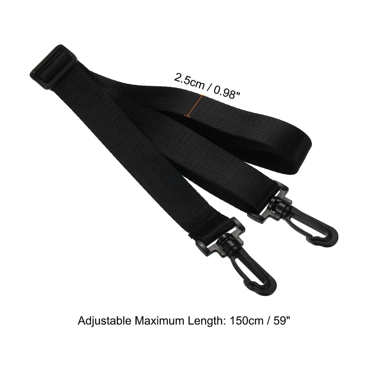 Black nylon shoulder strap, wide weave, with two adjustable ends and swivel hooks
