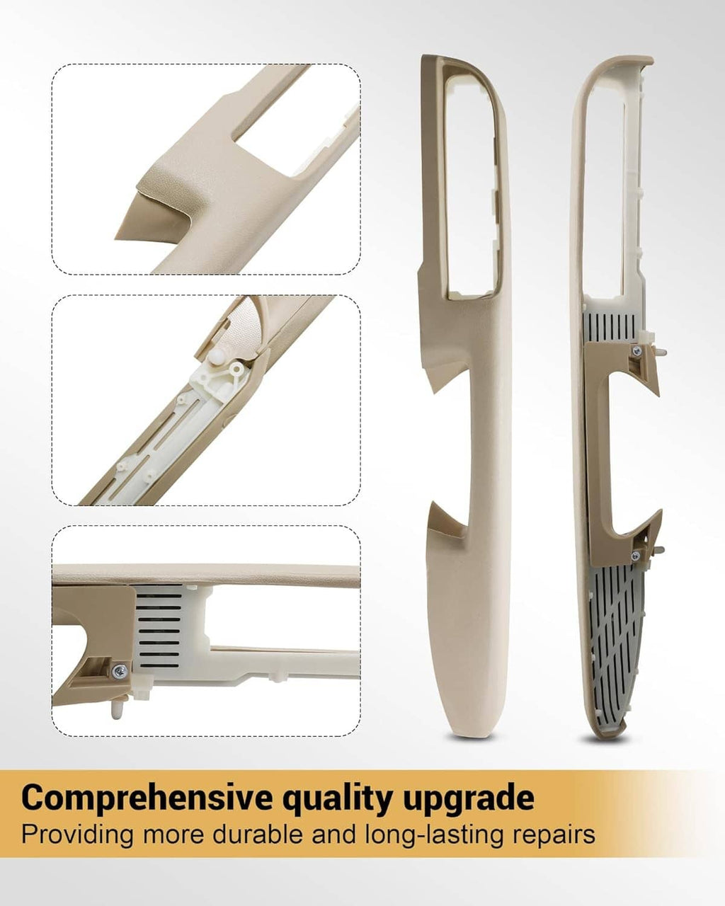 Beige driver-side door armrest repair panel with cutouts and mounting holes