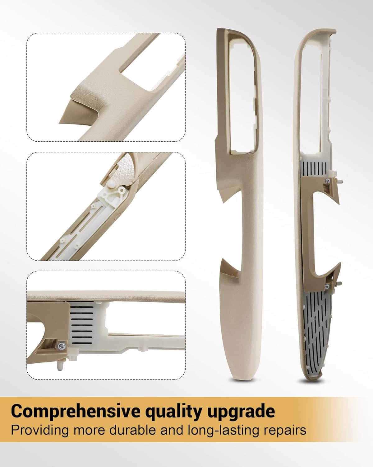 Beige driver-side door armrest repair panel with cutouts and mounting holes
