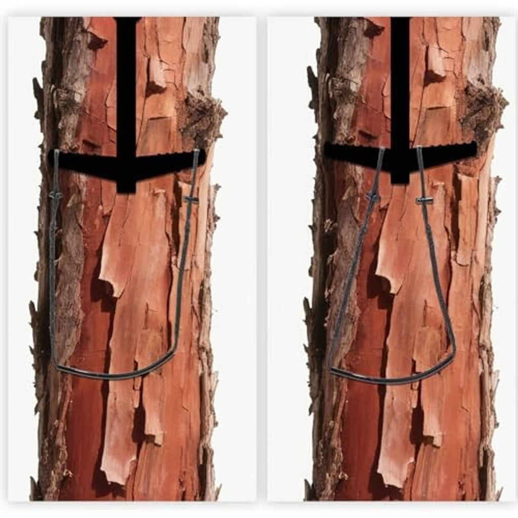 Climbing stick step aid strapped on a tree trunk with U-loop rope and black tube