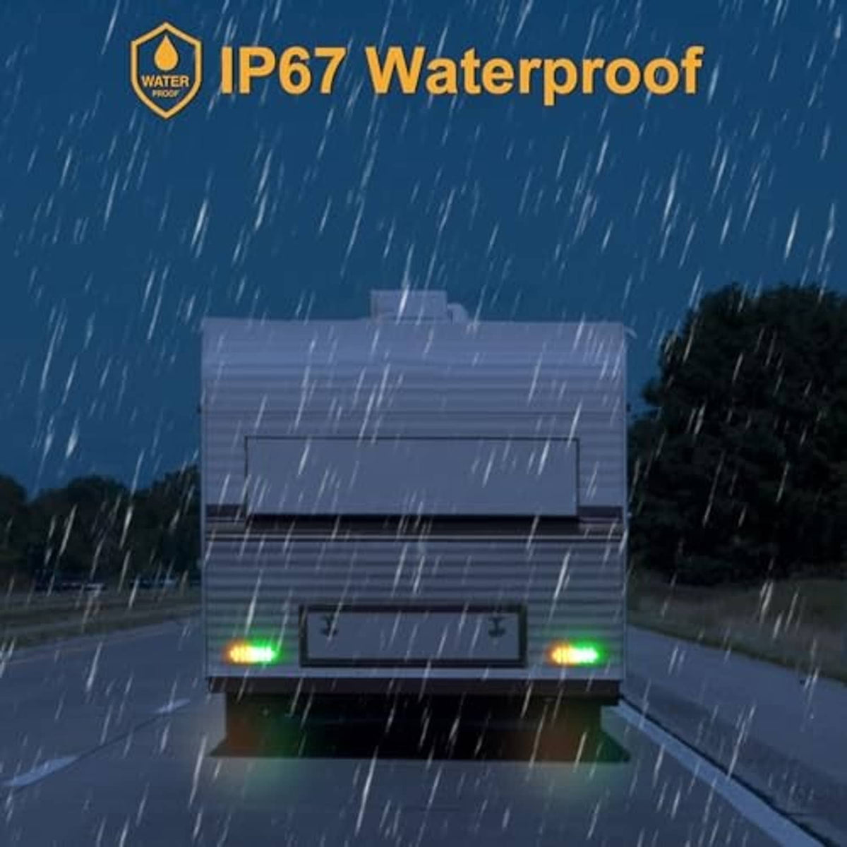 Oval LED strobe lights in rain, black housings with amber and green LEDs on