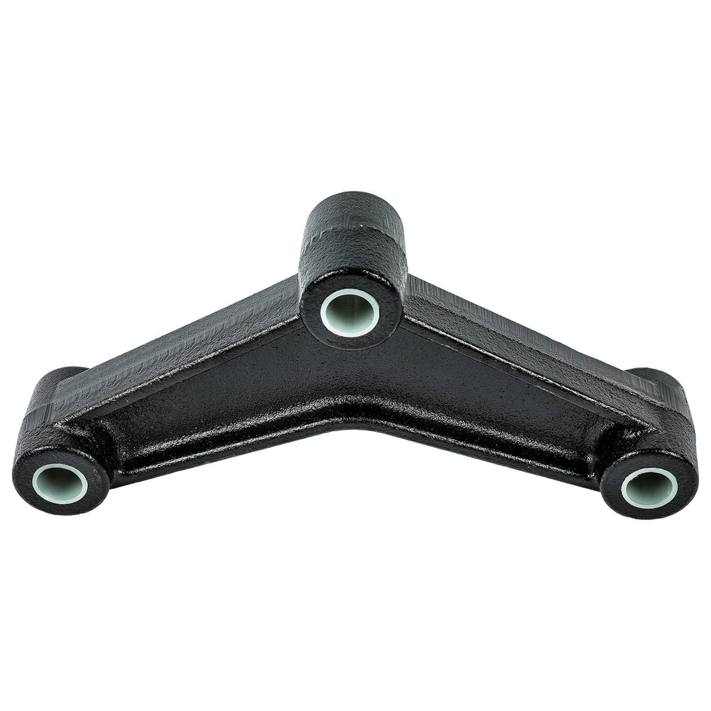 Black leaf spring hanger U-link with curved bar and two bushing holes