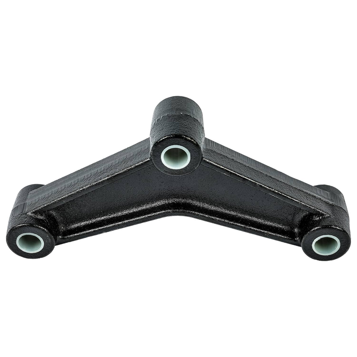 Black leaf spring hanger U-link with curved bar and two bushing holes
