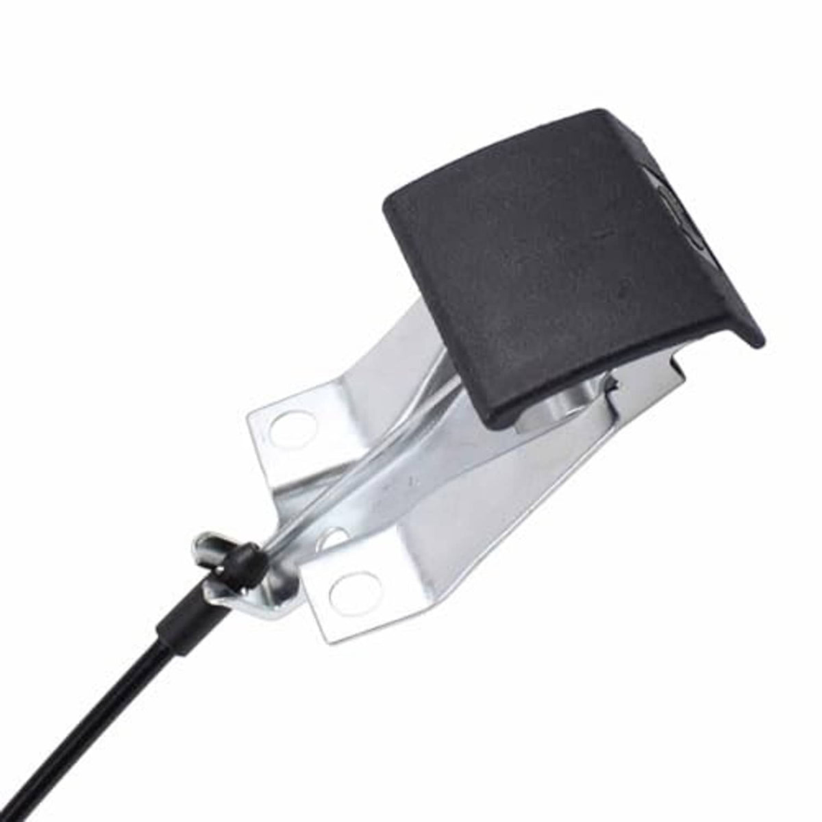 Hood release cable latch bracket with black release tab and silver metal clamp
