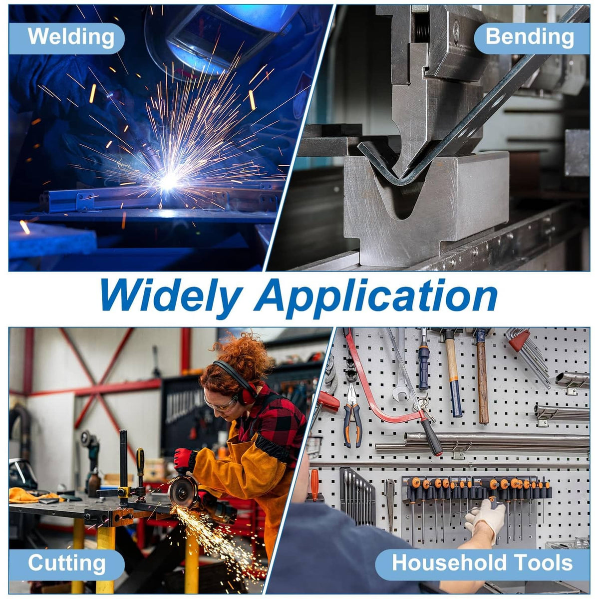 Aluminum flat bar shown in welding, cutting, and bending application scenes.
