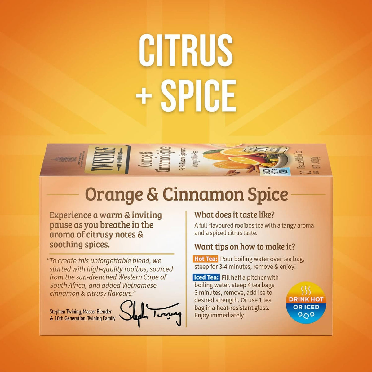 Citrus + Spice Orange & Cinnamon Spice herbal tea carton with 'Naturally caffeine-free'