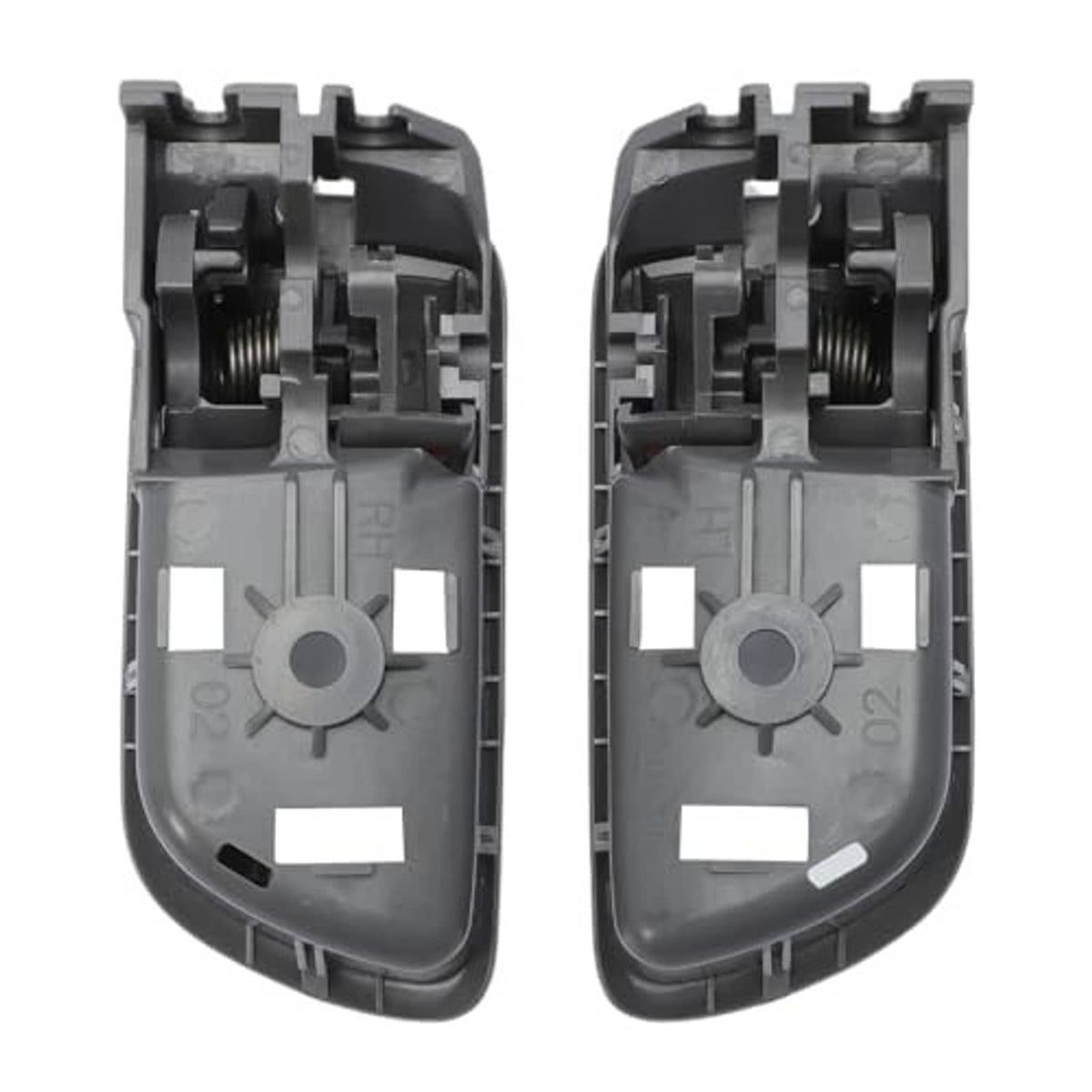 Pair of gray interior door handles, back sides with mounting clips and spring