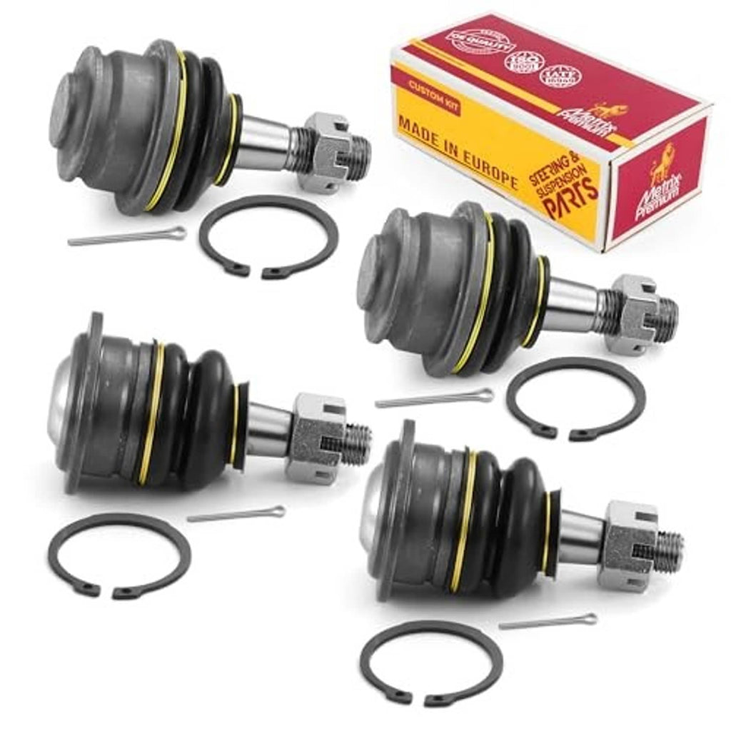 Ball joint kit set with multiple ball joints, black boots, yellow rings, and mounting clips