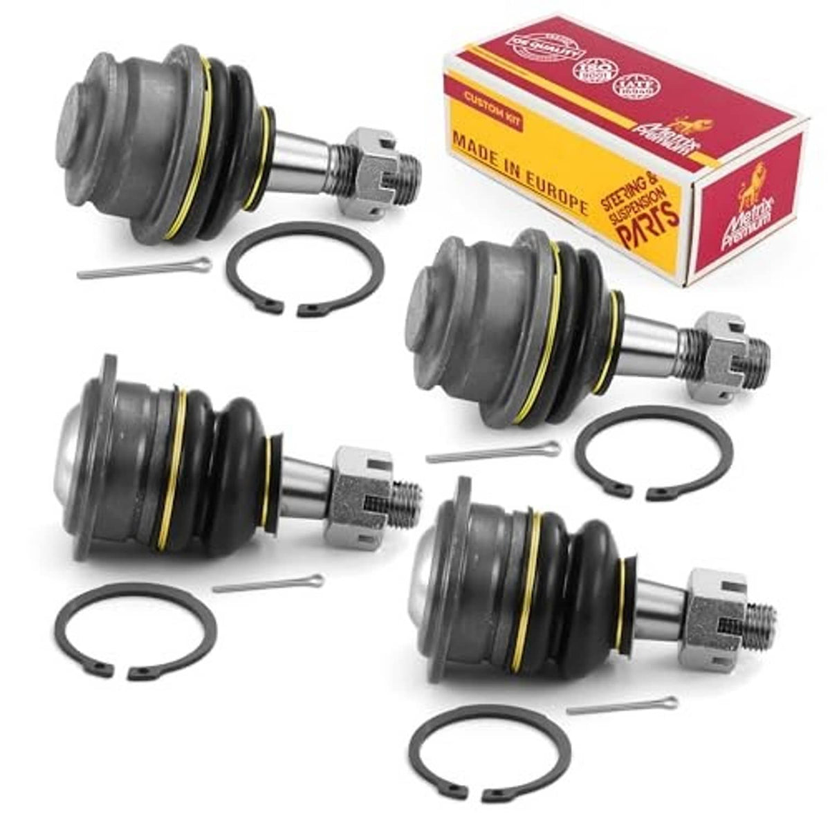Ball joint kit set with multiple ball joints, black boots, yellow rings, and mounting clips