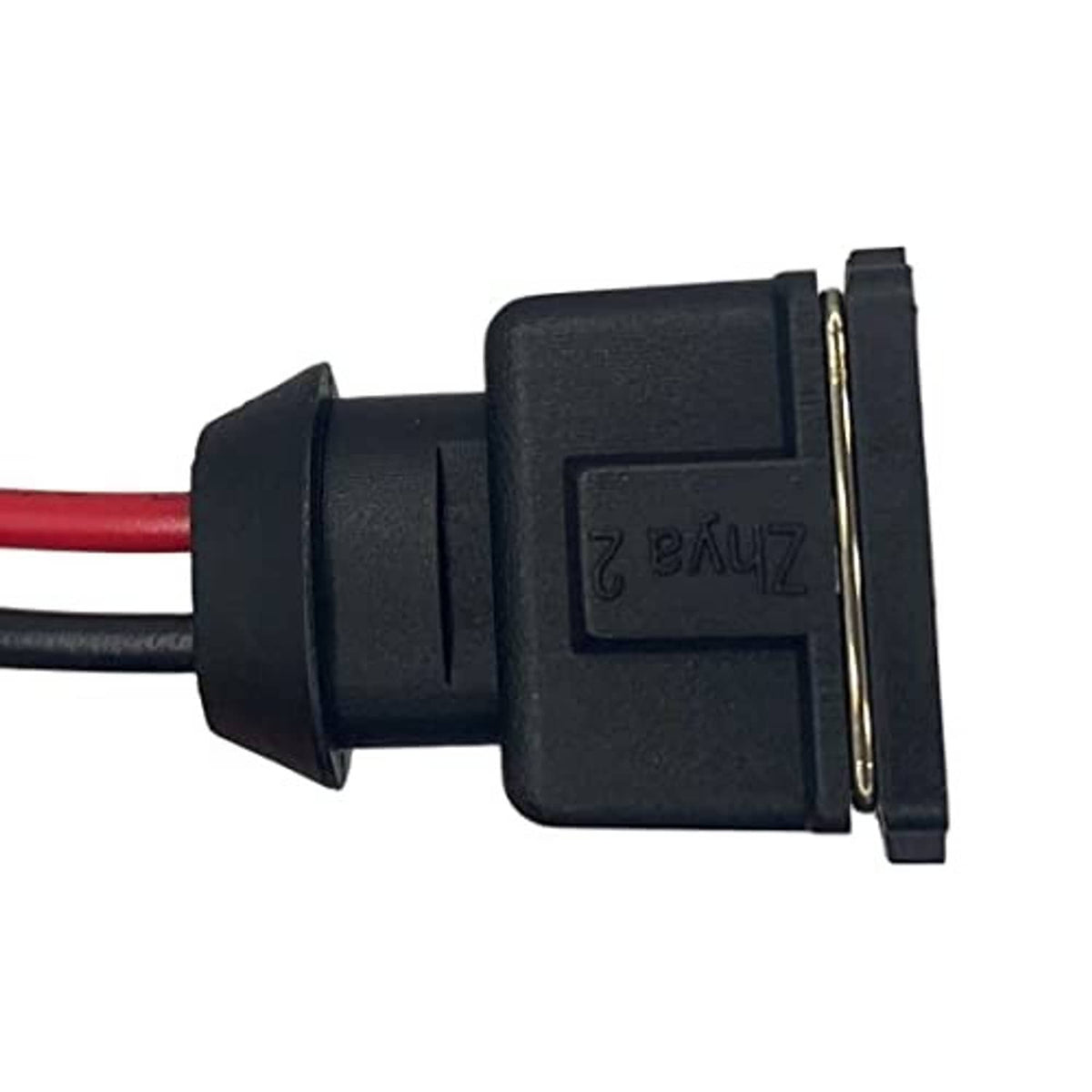 Black connector with red and black wires, metal terminal on side