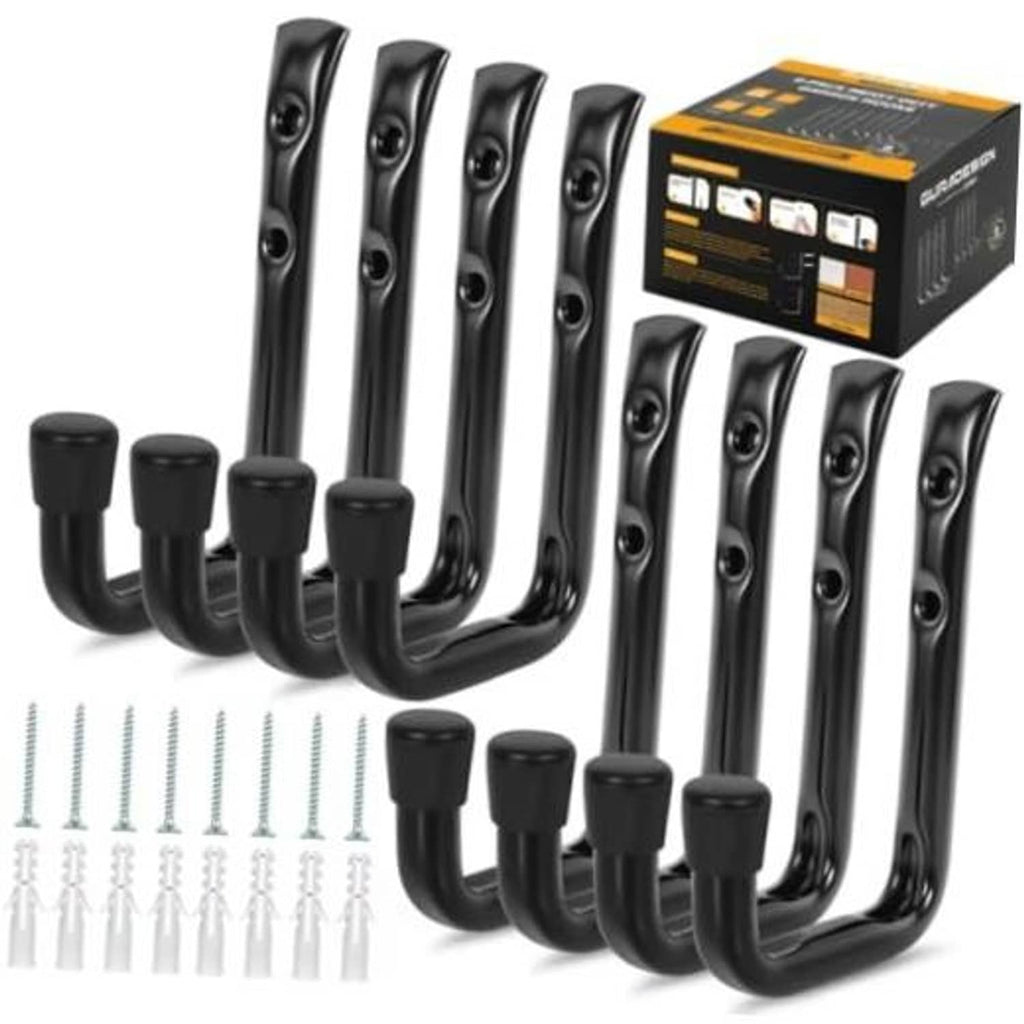 Black J-shaped garage hooks set with screws, 8-pack heavy-duty storage