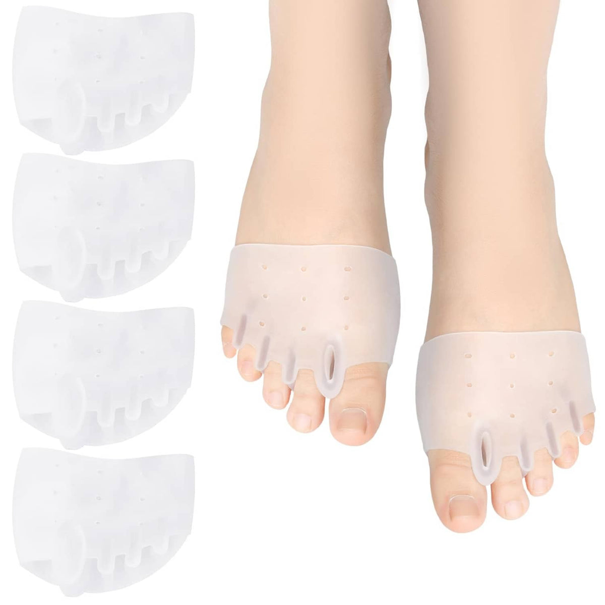 Four-piece silicone toe separator set, clear bands with four loop dividers