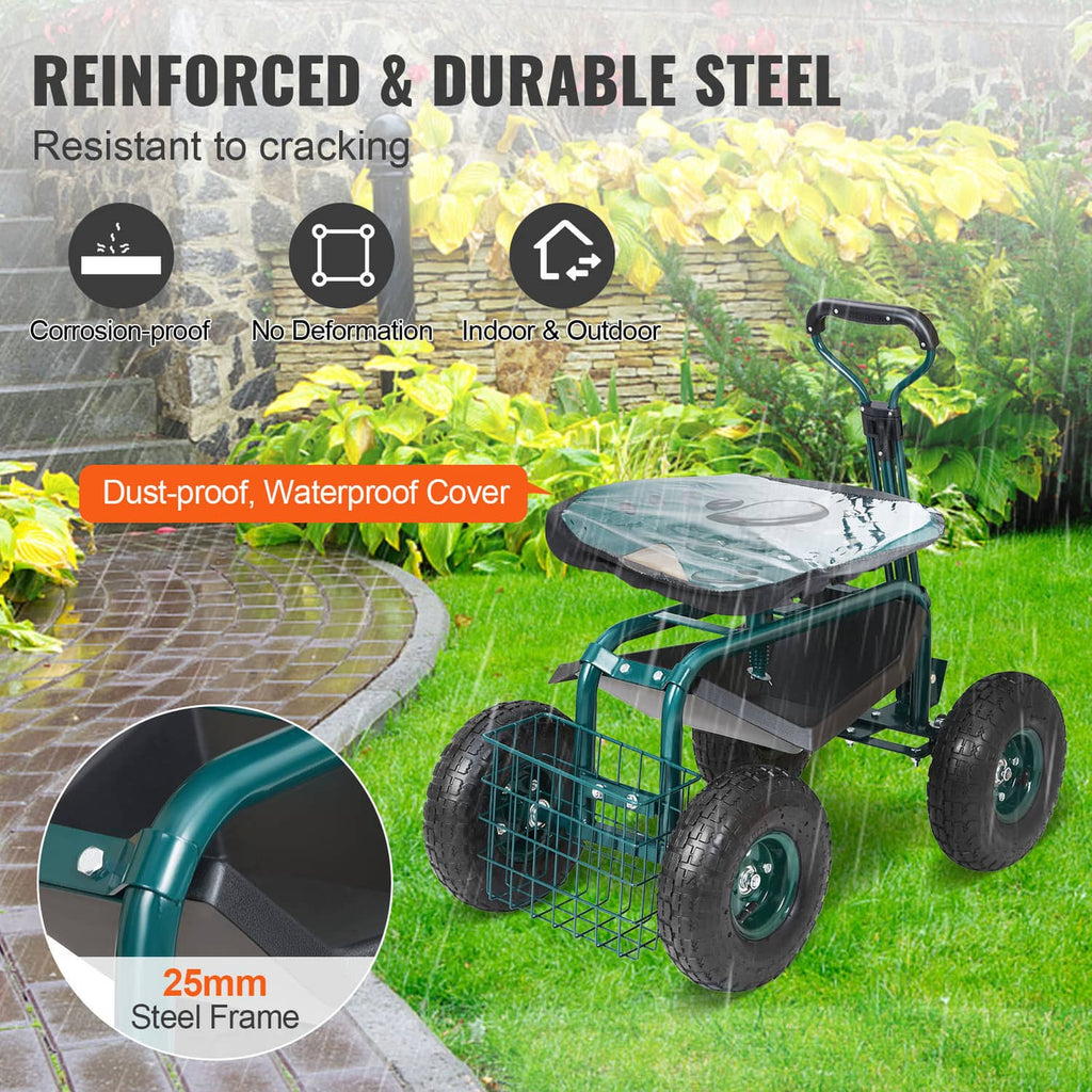 Green garden cart with dustproof waterproof cover and reinforced steel frame