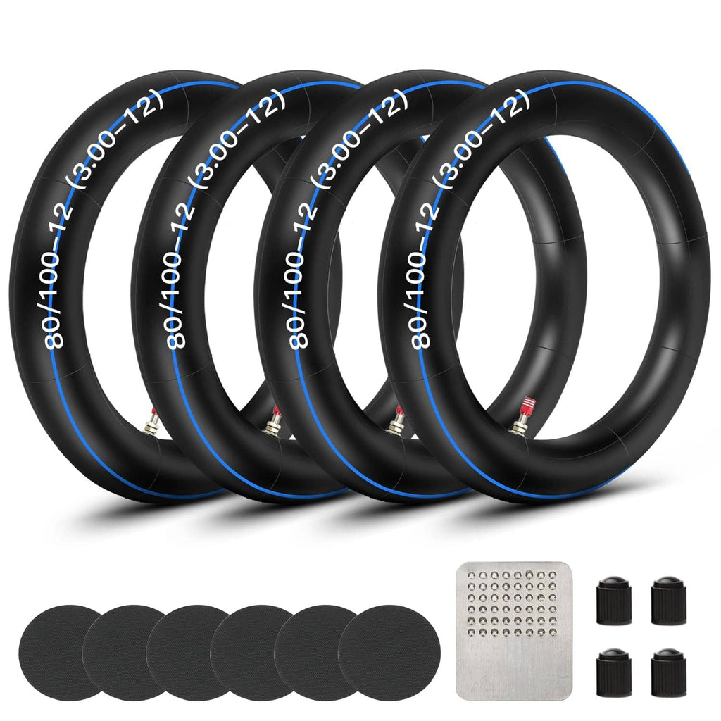 Set of four black dirt bike inner tubes with blue stripe and 80/100-12 markings
