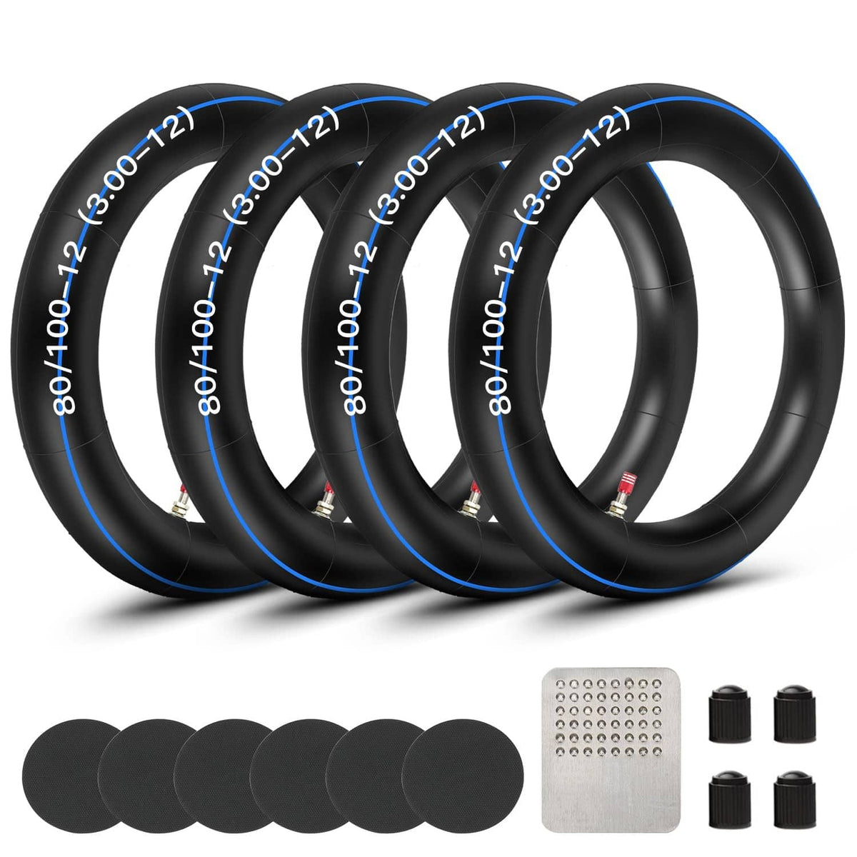 Set of four black dirt bike inner tubes with blue stripe and 80/100-12 markings
