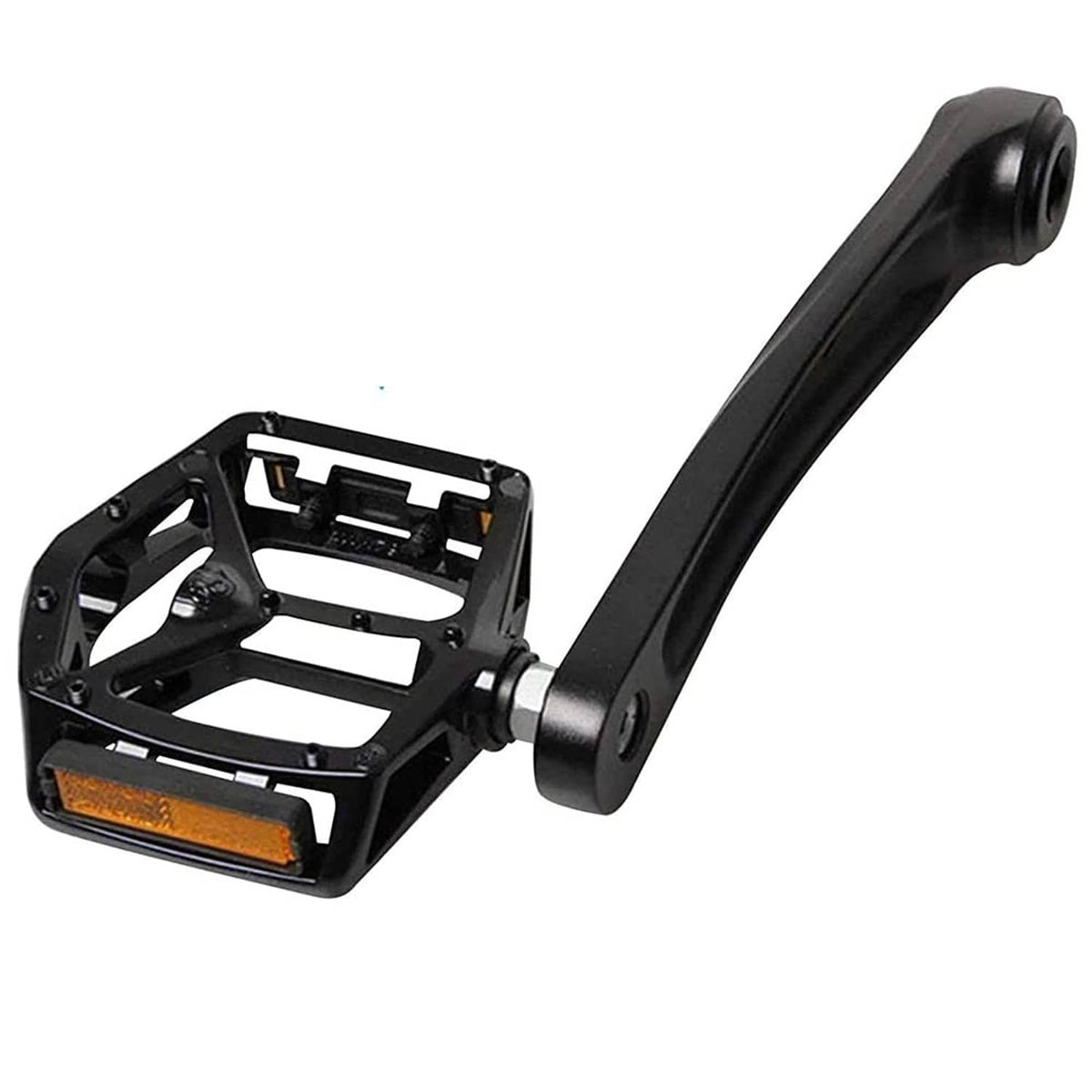 Black left crank arm beside bicycle pedal, showing spindle and end socket