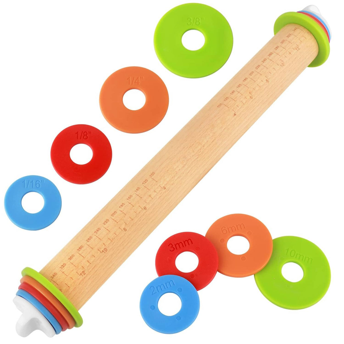Adjustable natural wooden rolling pin with thickness rings and white end caps.