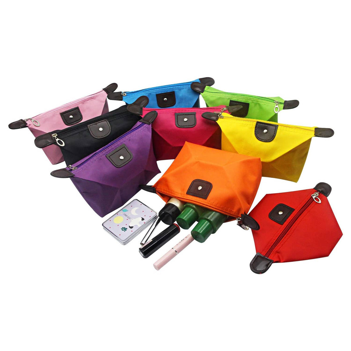 Multicolor waterproof makeup zip pouches with dark corner handle loops and front patch