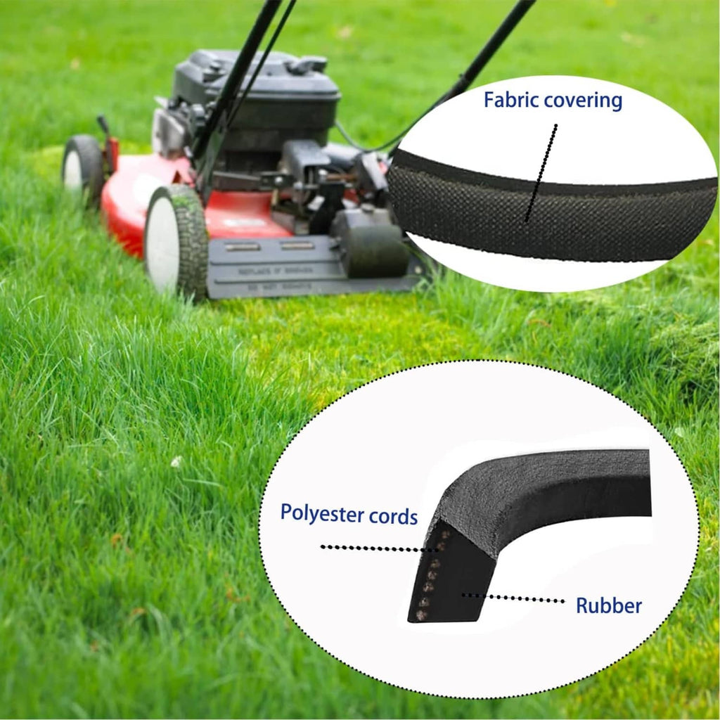 Black drive belt with reinforced cords, textured rubber surface for lawn mower use.