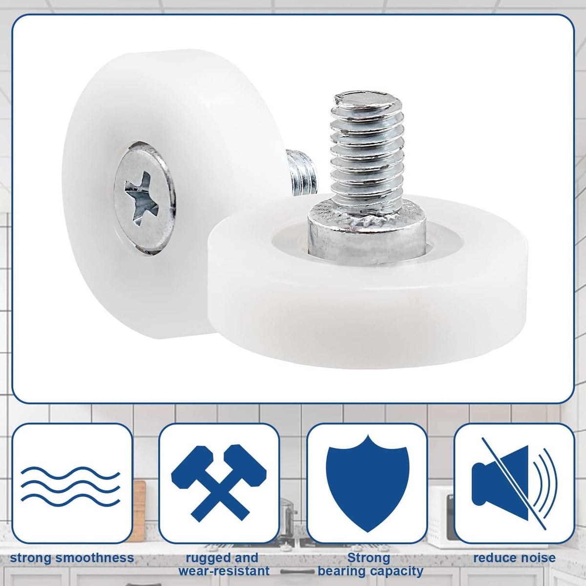 White drawer slide roller wheel with chrome metal screw mounted