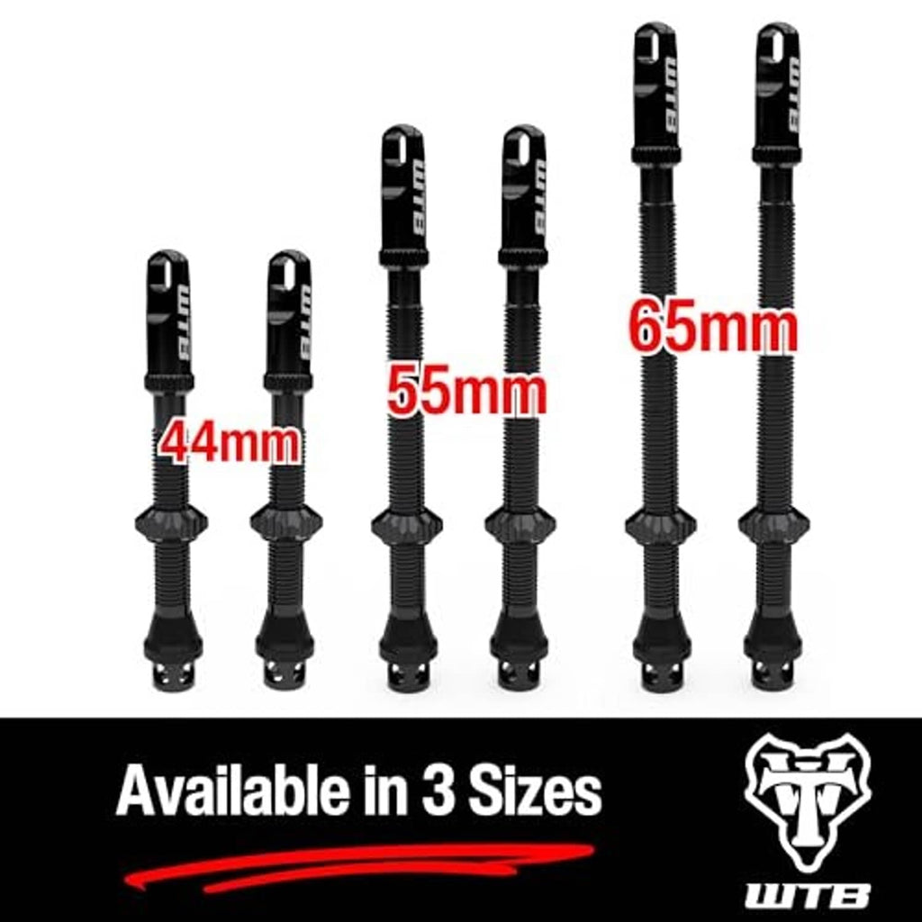 Black alloy Presta tubeless valve stems in multiple lengths with protective caps and lock nuts