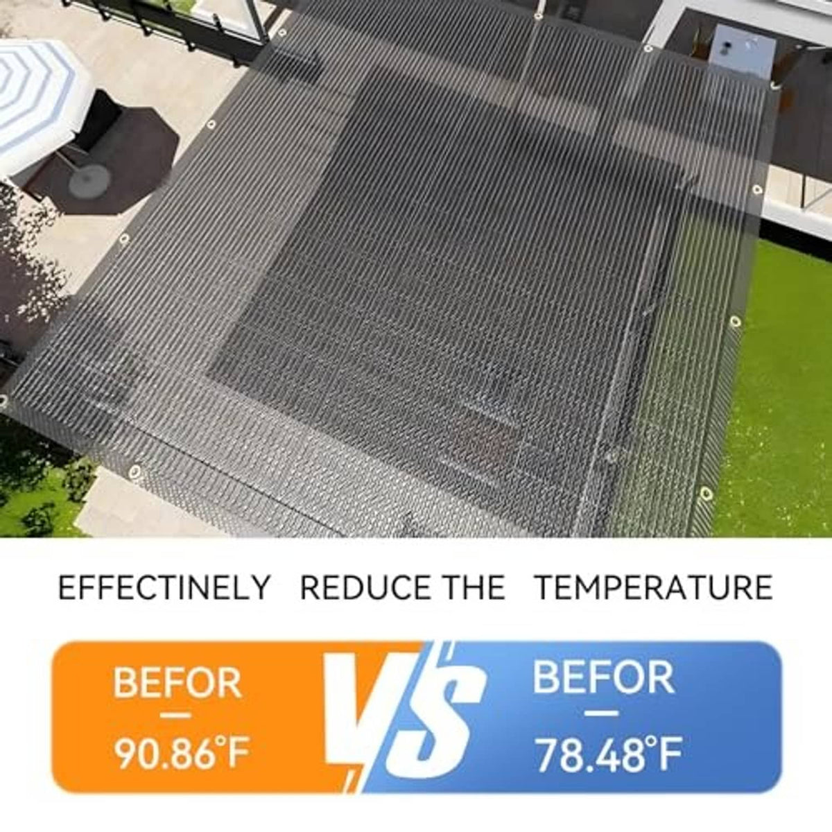 Gray reinforced pergola shade cloth with metal grommets, laid out over frame