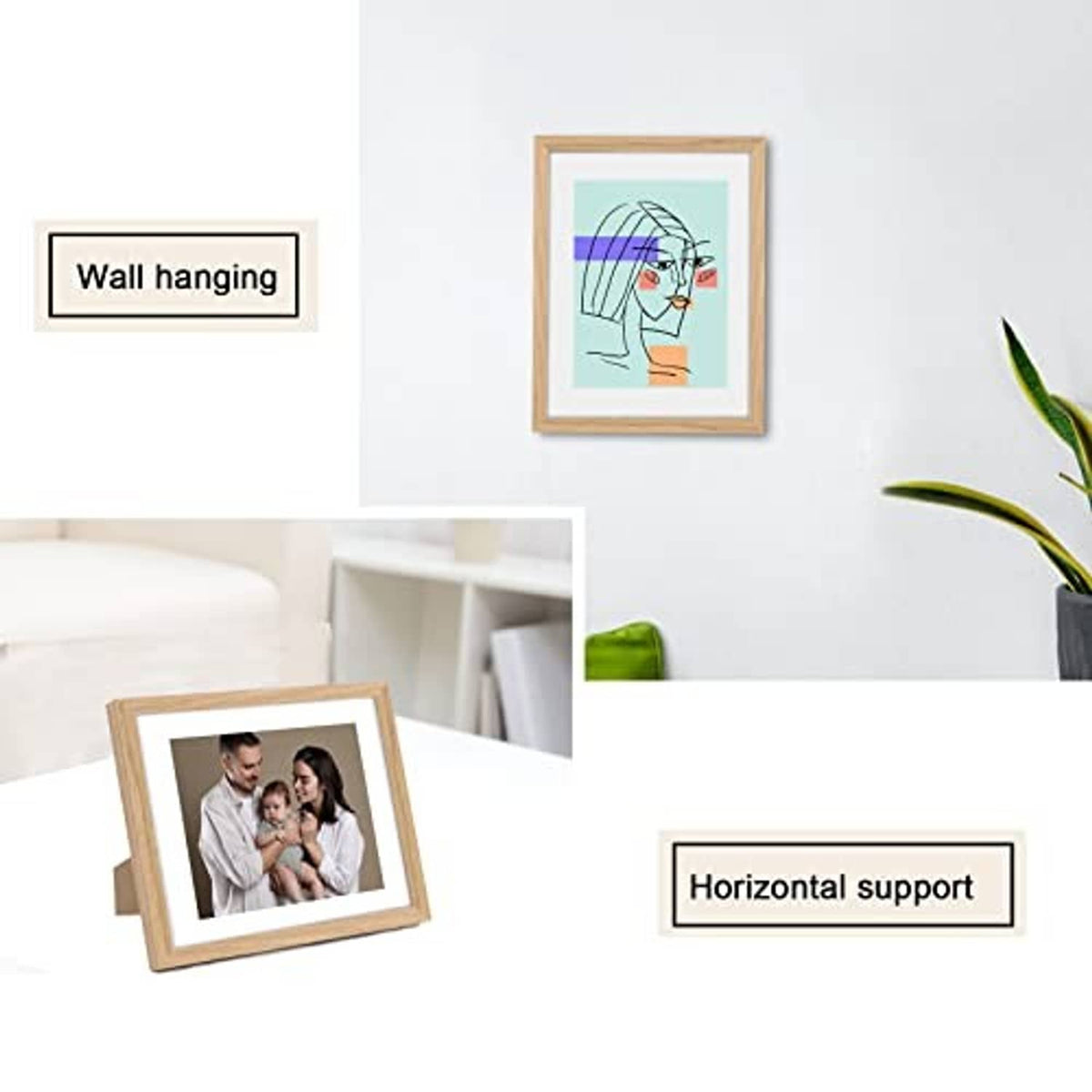 Natural oak wood picture frame shown for wall hanging and horizontal support