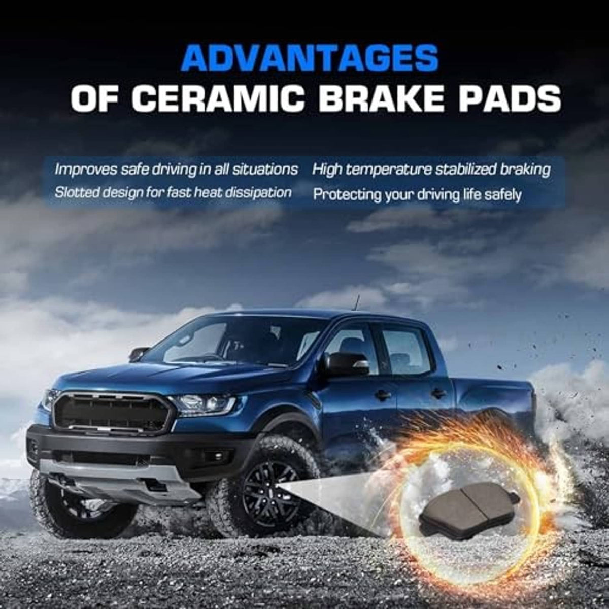 Ceramic brake pads product graphic with brake pad icon in front of car