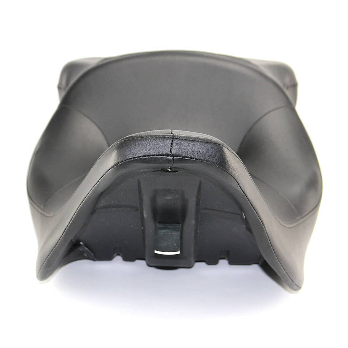 Black motorcycle seat underside with mounting bracket and latch slot