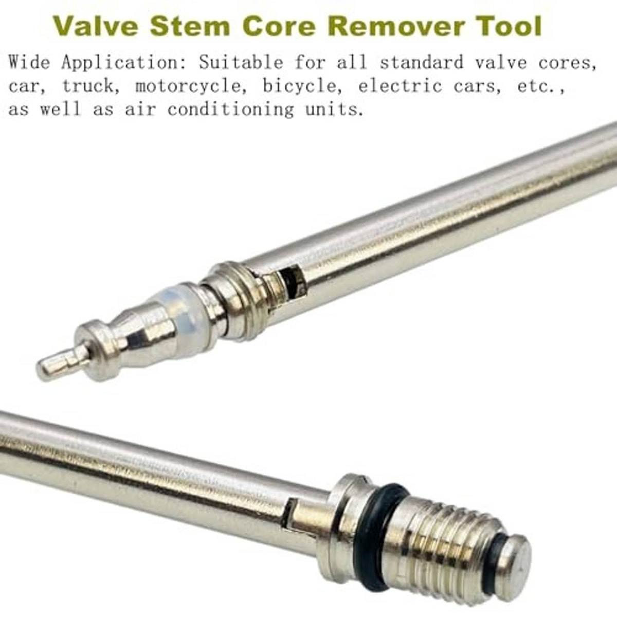 Valve stem core remover tool set with silver metal shafts and knurled handles