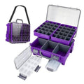 Purple floating tackle box with clear lid, grid storage trays, and removable divider inserts