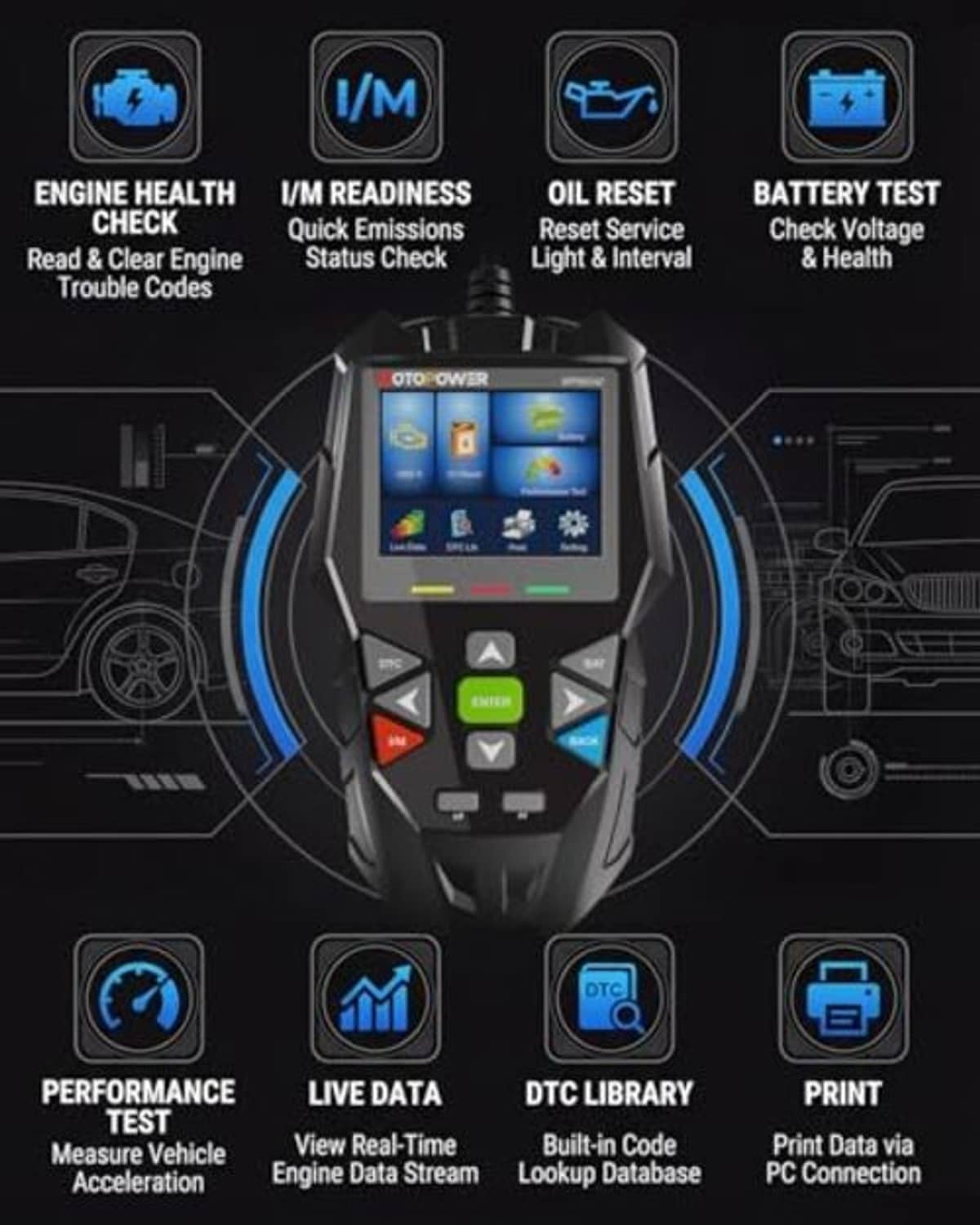 Car diagnostic scanner front view with menu icons for engine check, live data, and battery test