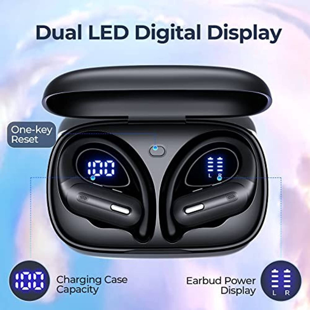 Black charging case front view with dual LED displays for earbuds