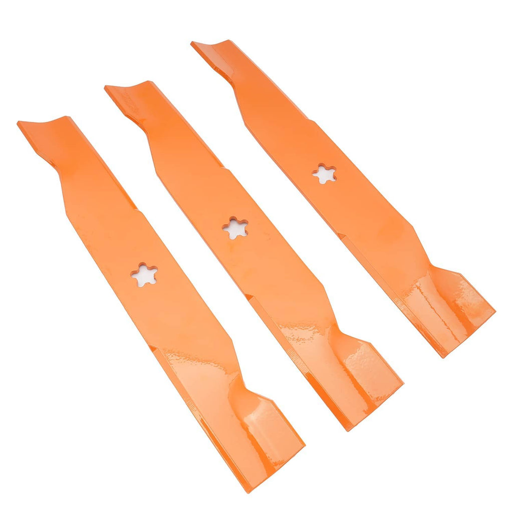 Three orange mower blades arranged diagonally with star mounting hole cutouts