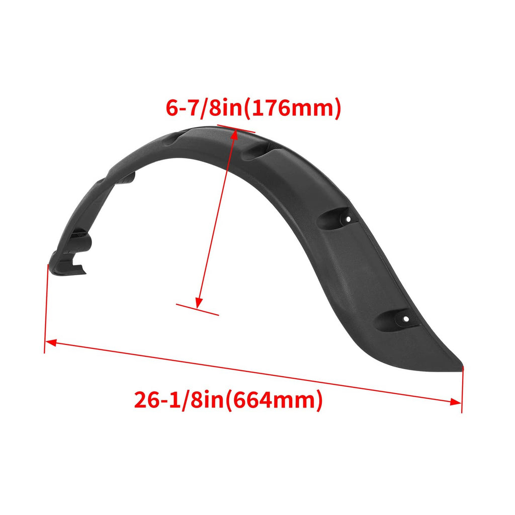 Black curved fender flare with mounting tabs and screw holes; size shown in diagram.