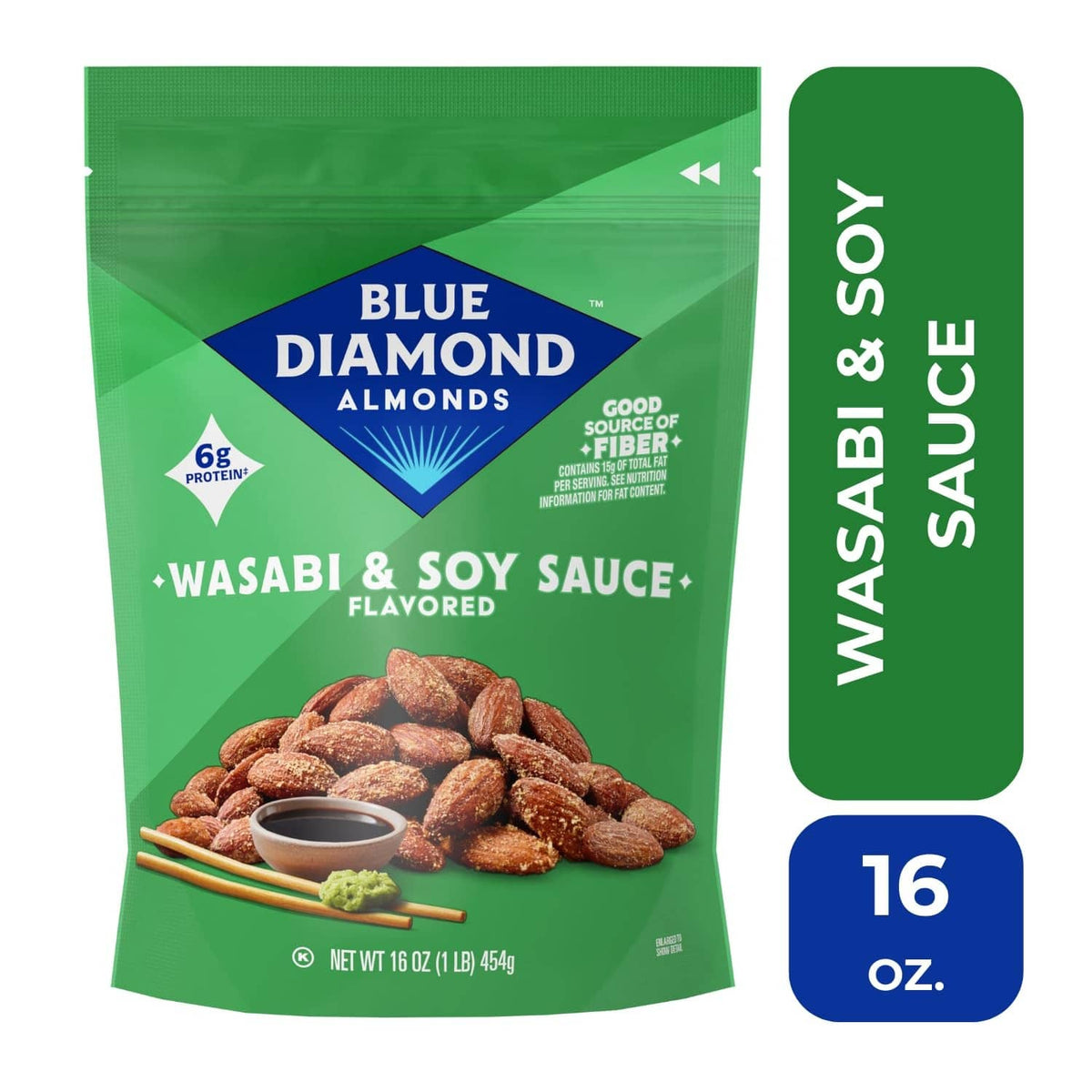 Wasabi & soy sauce almonds bag with Blue Diamond logo and 16 oz size badge