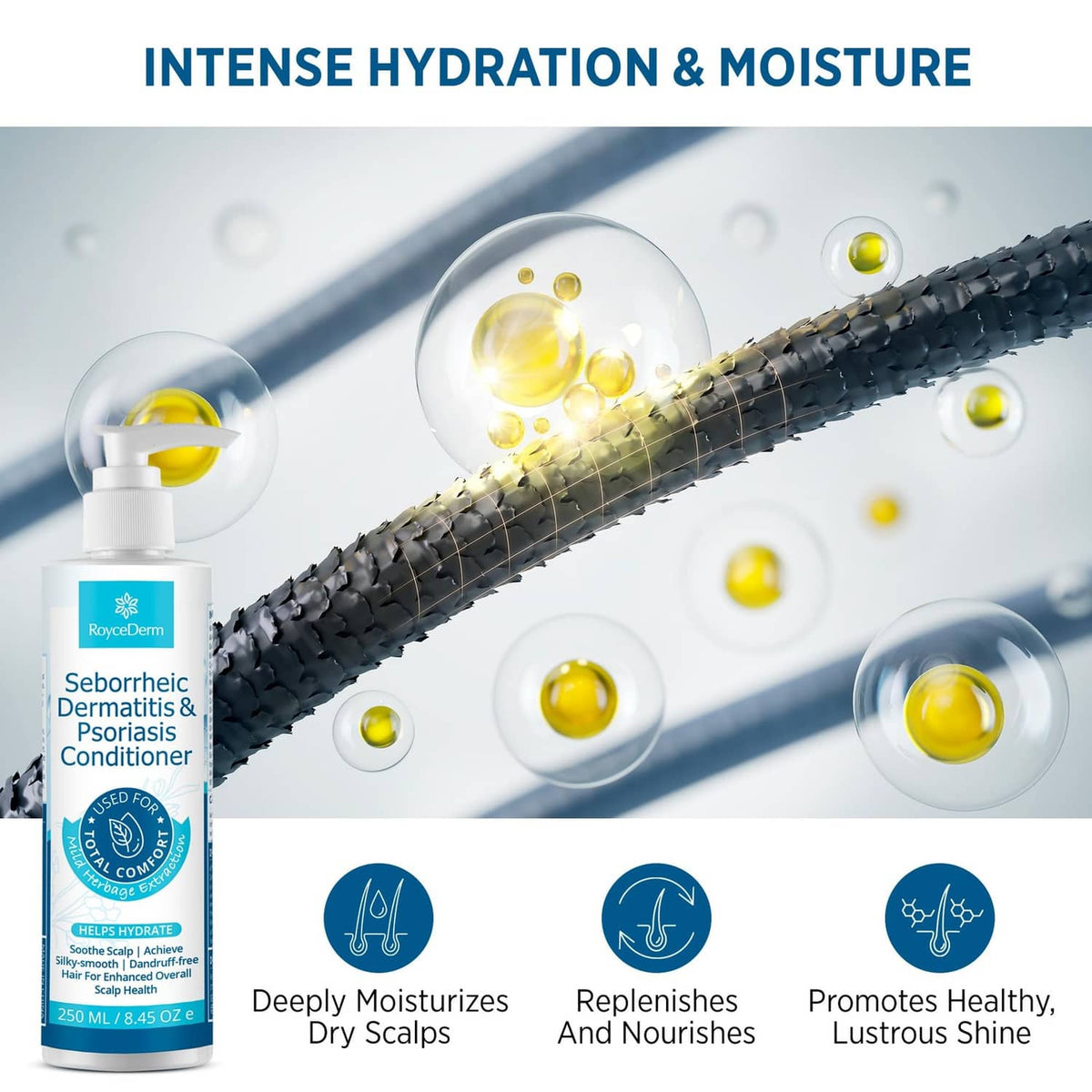 White pump conditioner bottle with droplet icons showing intense hydration and moisture