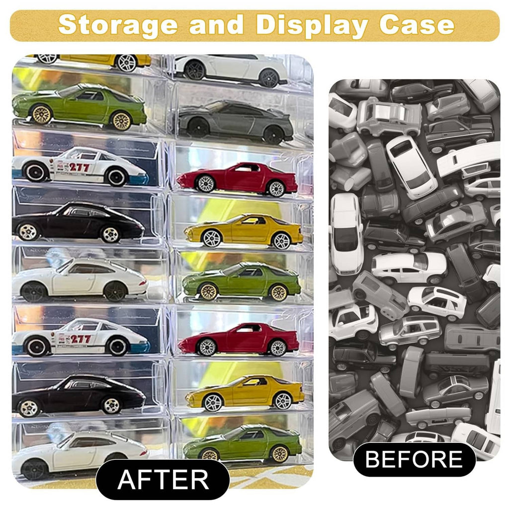 Clear multi-compartment display and storage case for 1/64 scale model cars