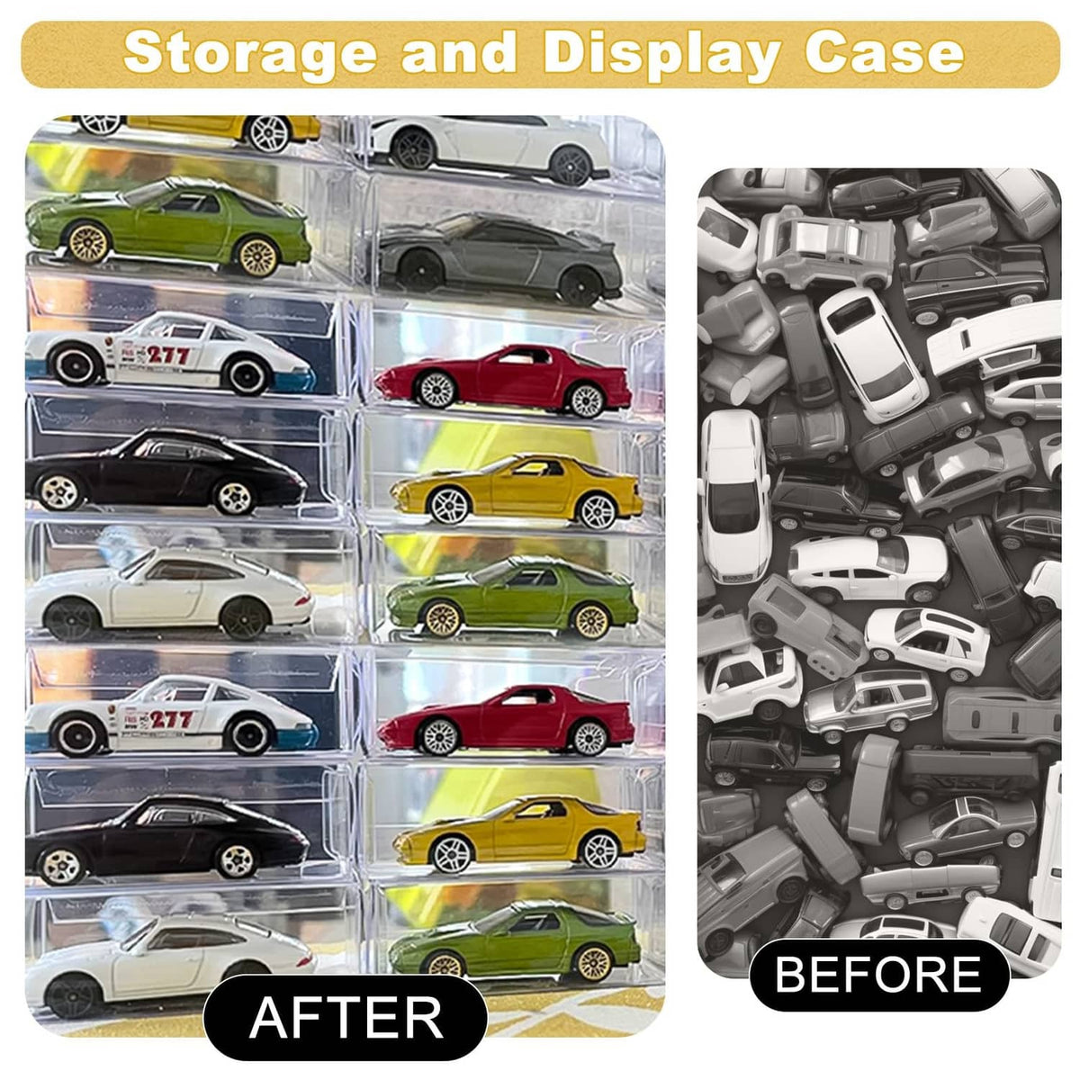 Clear multi-compartment display and storage case for 1/64 scale model cars