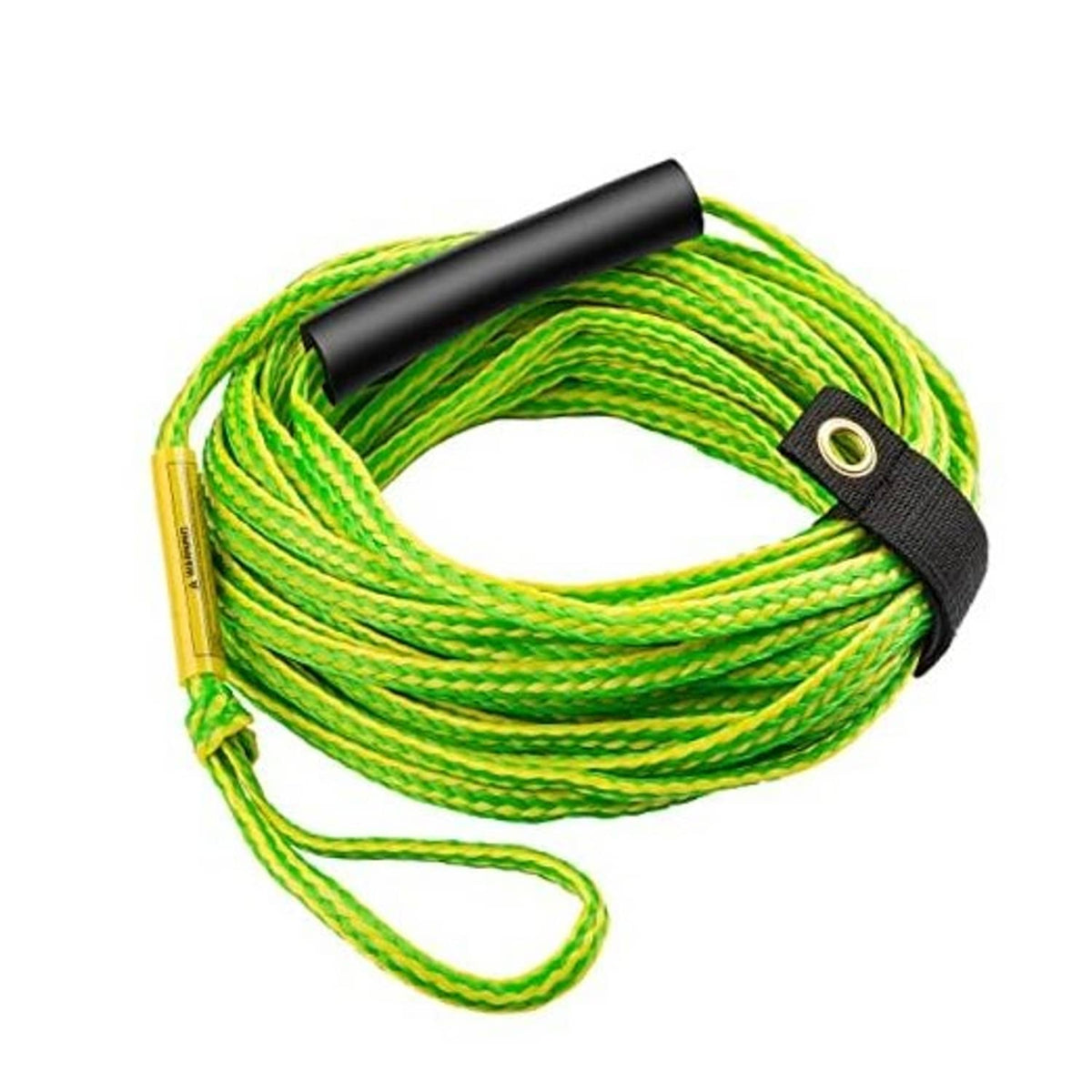 Bright green tow rope with black foam handle and looped strap end
